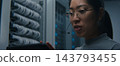 Female Network Engineer Using Tablet and Headset to Coordinate Technical Tasks 143793455