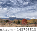 Autumn in Norikura Plateau, with snow-capped Mt. Norikura and large maple trees displaying vibrant autumn colors. 143793513