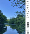 The scenery of Kumoba Pond in Karuizawa, where the fresh green trees and clear blue sky are reflected on the water's surface. 143793523