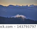 Golden Hour Misty Forest Ridge and Mountain Layers in Tranquil Wilderness 143793797