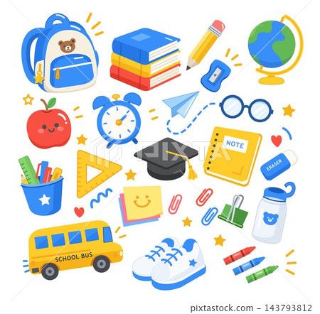 Back to school vector icons set with cute stationery and supplies Back to school vector icons set with cute stationery and supplies 143793812