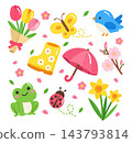 Cute Spring Icons Collection with Flowers, Bird, and Rain Boots 143793814