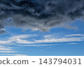 Dramatic Dark Storm Clouds Rolling Over Bright Blue Sky With Wispy Cirrus Clouds Below 143794031