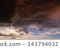 Dramatic Storm Clouds Over Sky at Sunset With Ominous Red and Dark Atmospheric Lighting 143794032