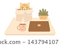 Cozy Home Office. Cat in Box on Workplace Desk. Cute Ginger Animal Watching Coffee Steam near Closed Laptop and Houseplant. Work Life Balance, Hygge and Procrastination. Vector Flat Illustration 143794107