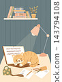 Night Remote Work. Cat Typing on Keyboard Laptop at Home Office Desk. Workplace Chaos Mess. Ginger Kitten Spilled Coffee Mug, Scattered Pencils, Papers. Vector Flat Illustration. Vertical Poster 143794108
