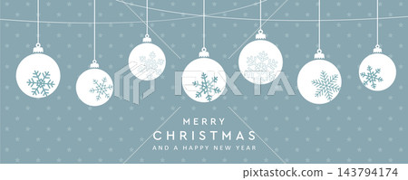 christmas greeting card with hanging tree balls decoration with snowflakes vector illustration 143794174