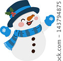 Cute snowman cartoon wearing a blue striped scarf, snowflake mitten, and navy top hat with holly. Cheerful winter Christmas character with carrot nose, rosy cheek, and raised arms 143794875