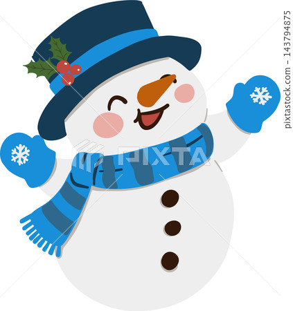 Cute snowman cartoon wearing a blue striped scarf, snowflake mitten, and navy top hat with holly. Cheerful winter Christmas character with carrot nose, rosy cheek, and raised arms Cute snowman cartoon wearing a blue striped scarf, snowflake mitten, and navy top hat with holly. Cheerful winter Christmas character with carrot nose, rosy cheek, and raised arms 143794875