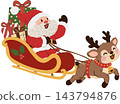 Cute Santa Claus cartoon riding a red Christmas sleigh pulled by a cheerful reindeer, carrying a gift and festive present. Whimsical winter holiday illustration with playful charm 143794876