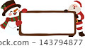 Cute Santa Claus and snowman cartoon holding a large blank Christmas sign with a brown wooden frame. Festive winter characters display an empty white board for holiday greeting or custom text 143794877