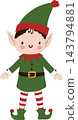 Cute Christmas elf cartoon in a green holiday costume with a red-trimmed pointed hat, striped leggings, curled shoes, and golden belt. Adorable festive helper with rosy cheeks and a cheerful smile 143794881