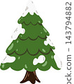 Cute green Christmas tree cartoon covered with white snow on layered evergreen branches. Adorable winter pine with a brown trunk, festive holiday charm, isolated on white background 143794882
