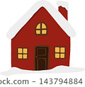 Cute red house cartoon with a snowy white roof, glowing yellow window, brown door, and chimney. Cozy winter Christmas cottage surrounded by snow, featuring a warm festive holiday atmosphere 143794884