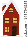 Red house cartoon with snow-covered roof, chimney, glowing yellow window, and dark door. Cozy winter cottage illustration featuring festive Christmas charm, isolated on white 143794885