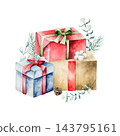 Watercolor Christmas gift boxes composition. Hand-painted festive presents with red and green ribbons, pine cone, cotton flower, fir branches and eucalyptus leaves. Holiday card design element isolate 143795161