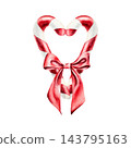 Watercolor Christmas candy cane heart shape with red ribbon bow. Hand drawn traditional holiday sweet food illustration for New Year, lollipop with satin bow, menu design isolated on white. 143795163