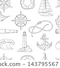 Nautical symbols line seamless pattern. Travel and tourism background. Retro style conceptual illustration. 143795567