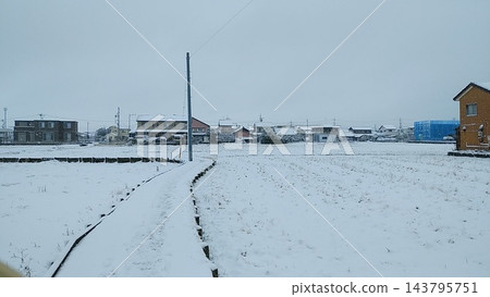 冬日里，稻田被白雪覆蓋，構成了一幅美麗的景象。 143795751