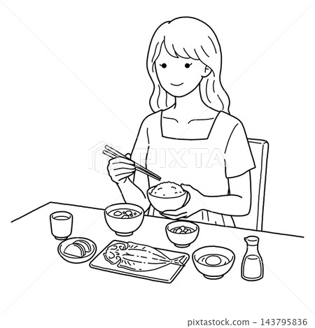 一位女士正在享用日式早餐(黑白照片) 一位女士正在享用日式早餐(黑白照片) 143795836