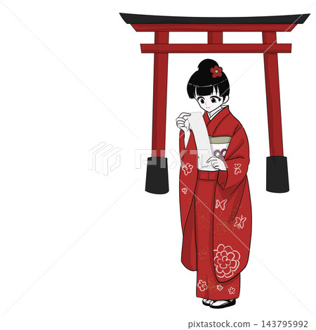 A woman in a furisode kimono looks at a fortune slip during her first shrine visit of the year at a shrine with a torii gate. A woman in a furisode kimono looks at a fortune slip during her first shrine visit of the year at a shrine with a torii gate. 143795992