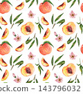 Seamless watercolor pattern with peaches, leafy branches and pink blossoms on a white background, for textile, wallpaper, stationery and packaging design 143796032