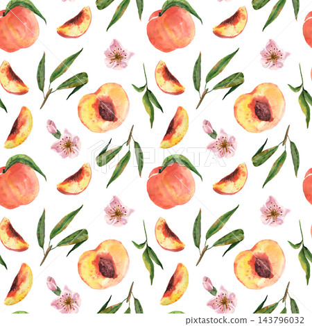 Seamless watercolor pattern with peaches, leafy branches and pink blossoms on a white background, for textile, wallpaper, stationery and packaging design Seamless watercolor pattern with peaches, leafy branches and pink blossoms on a white background, for textile, wallpaper, stationery and packaging design 143796032