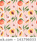 Seamless watercolor pattern with whole peaches, slices, leaves and blossoms on a light pink striped background, for fabric, wallpaper and summer packaging 143796033