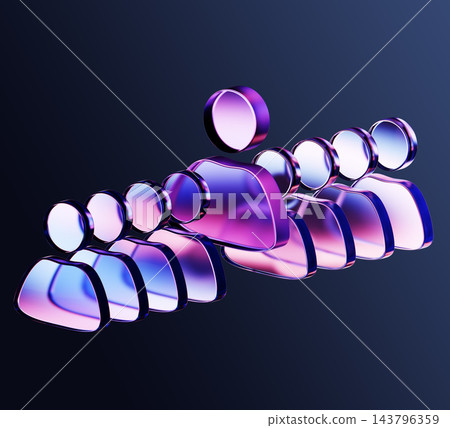 Recruiting isometric 3D icon, queue of people silhouette. Neon glass user profiles with purple blue gradient on dark render background. Human resource management, leadership, team. 3D illustration 143796359