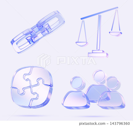 3D glass icons representing teamwork, partnership, business strategy, legal scales and puzzle integration. Holographic chain links, jigsaw pieces, scales of justice, user group people. 3D illustration 3D glass icons representing teamwork, partnership, business strategy, legal scales and puzzle integration. Holographic chain links, jigsaw pieces, scales of justice, user group people. 3D illustration 143796360