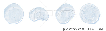 Blue cosmetic gel smears set with bubbles isolated on white render background. Hyaluronic acid serum drops, PDRN collagen jelly cream mask texture. Skincare product swatches top view. 3D illustration Blue cosmetic gel smears set with bubbles isolated on white render background. Hyaluronic acid serum drops, PDRN collagen jelly cream mask texture. Skincare product swatches top view. 3D illustration 143796361