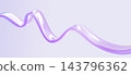 Abstract 3D liquid glass wave ribbon floating in clean light background. Elegant fluid line shape in soft pastel purple tone, holographic dynamic curve translucent design element. 3D illustration 143796362