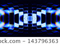 Abstract fractal 3D geometric pattern with glowing blue neon light waves, futuristic grid structure on dark render background. Intense chromatic aberration and lens distortion effects. 3D illustration 143796363