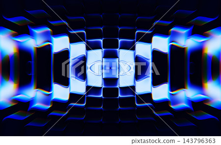 Abstract fractal 3D geometric pattern with glowing blue neon light waves, futuristic grid structure on dark render background. Intense chromatic aberration and lens distortion effects. 3D illustration Abstract fractal 3D geometric pattern with glowing blue neon light waves, futuristic grid structure on dark render background. Intense chromatic aberration and lens distortion effects. 3D illustration 143796363