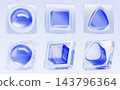 Glassmorphism 3D geometric shapes set, blue glass spheres, cubes and triangles in transparent frames render icons for modern UI UX web design, mobile apps and digital tech interfaces. 3D illustration 143796364