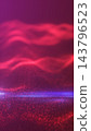 Abstract red and magenta particle landscape with glowing dotted waves, flowing contours, and a luminous blue horizon. 143796523