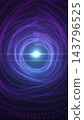 Futuristic purple particle rings forming a glowing circular portal with a bright central light on a dark abstract background. 143796525