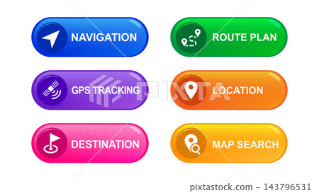 Navigation button set with route plan, GPS tracking, location, destination, map search, colorful panels, map pins, satellite, flag, and modern geolocation interface icons. Navigation button set with route plan, GPS tracking, location, destination, map search, colorful panels, map pins, satellite, flag, and modern geolocation interface icons. 143796531