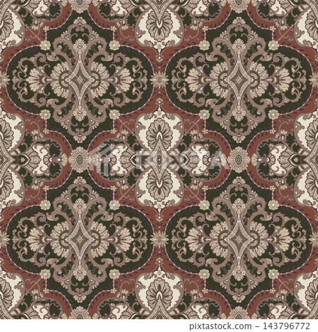 Dark Olive Brick Red Damask Pattern 143796772