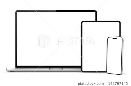 Laptop computer, tablet and mobile phone. Flat lay detailed and realistic devices mockup Laptop computer, tablet and mobile phone. Flat lay detailed and realistic devices mockup 143797145