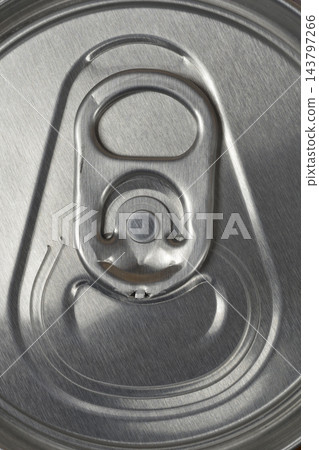 Close-up view of aluminum beverage can top with stay-on-tab opening mechanism 143797266