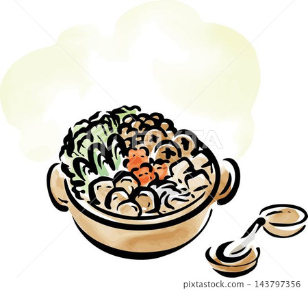 Winter, hot pot, stew, cooking, food, Japanese food, ink painting, watercolor, hand-drawn, decoration, background, illustration material 143797356