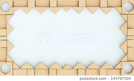 Wooden geometric block frame surrounding a large blank space for text and design 143797504