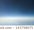 High altitude aerial view of blue sky gradient and earth horizon with coastline from airplane window. Minimalist natural background for aviation travel and flight concepts. 143798075