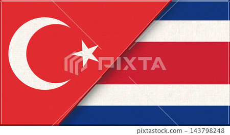 Double Flag of Turkey and Costa Rica on Fabric Texture - 3D Illustration 143798248