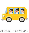 Happy children smiling from a yellow school bus on their way to class 143798455
