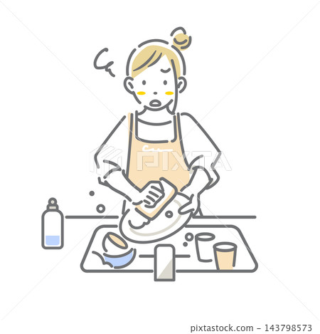 A young mother who finds washing dishes stressful: A simple and stylish line drawing illustration. A young mother who finds washing dishes stressful: A simple and stylish line drawing illustration. 143798573
