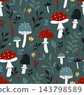 Seamless pattern with mushrooms and forest foliage on a dark turquoise background 143798589