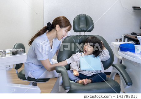 2歲女童正在接受牙齒保健員的氟化物塗抹。 2歲女童正在接受牙齒保健員的氟化物塗抹。 143798813