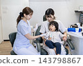 A 2-year-old girl receiving fluoride application from a dental hygienist. 143798867